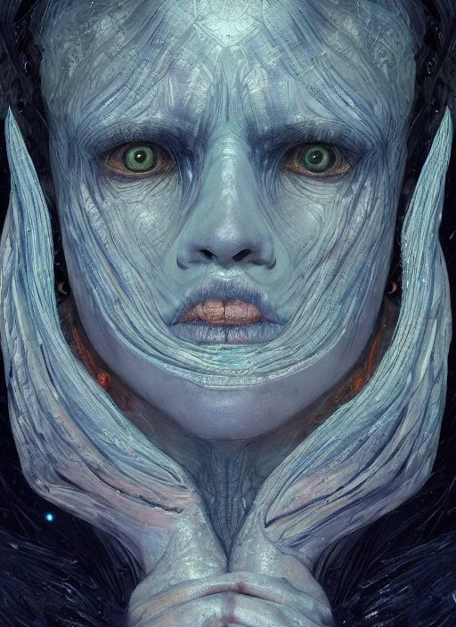 Image similar to masterpiece portrait of a cosmic demon, au naturel, hyper detailed, digital art, trending in artstation, cinematic lighting, studio quality, smooth render, unreal engine 5 rendered, octane rendered, art style by klimt and nixeu and ian sprigger and wlop and krenz cushart