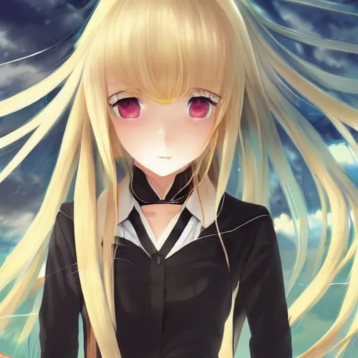 Image similar to blonde anime girl with long hair, wearing headmistress uniform, talking with snooty aloof anime man with black emo hair, sharp details, subsurface scattering, intricate details, art by artgerm, anime, anime hd wallpaper, 2 0 1 9 anime screenshot