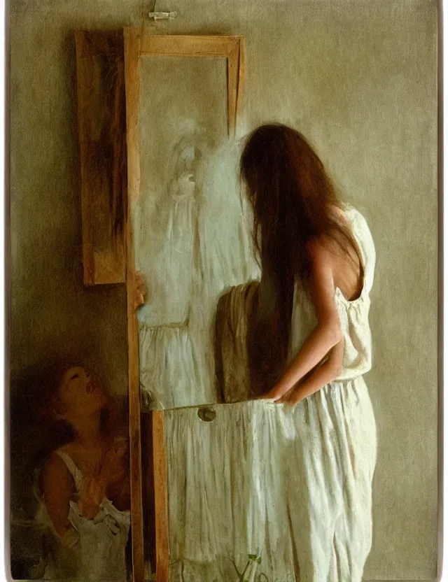 Image similar to peasant girl looking in a mirror in a bathroom, cottage core, polaroid photo bleached vintage pastel colors high - key lighting, soft lights, foggy, by steve hanks, by lisa yuskavage, by serov valentin, by tarkovsky, detailed, oil on canvas