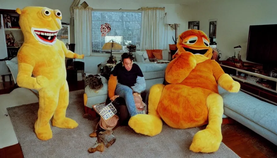 Image similar to 1990s candid 35mm photo of a beautiful day in the living room, cinematic lighting, cinematic look, golden hour, a very large, oversized magical salesman mascot creature is hanging out of the TV and aggressively trying to sell the family and kids a sports car by force, the salesman mascot creature is a very large giant, he has fancy decorations, there is an expensive sports car in the living room, car in the room, UHD