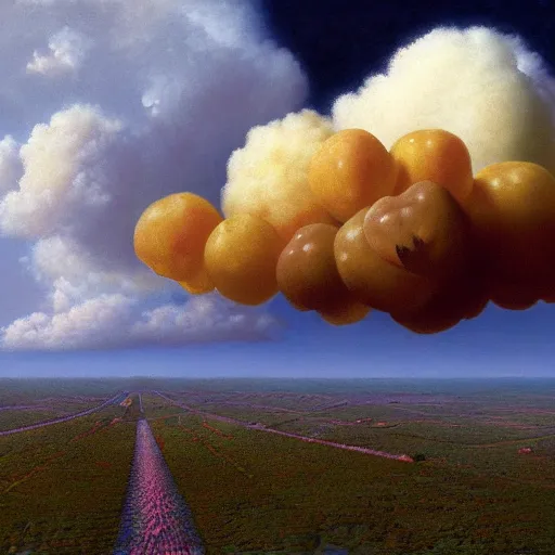 Image similar to fruit, heaven, in heaven, heavenly cloud, peter elson, 8 k, extremely detailed, puffy clouds