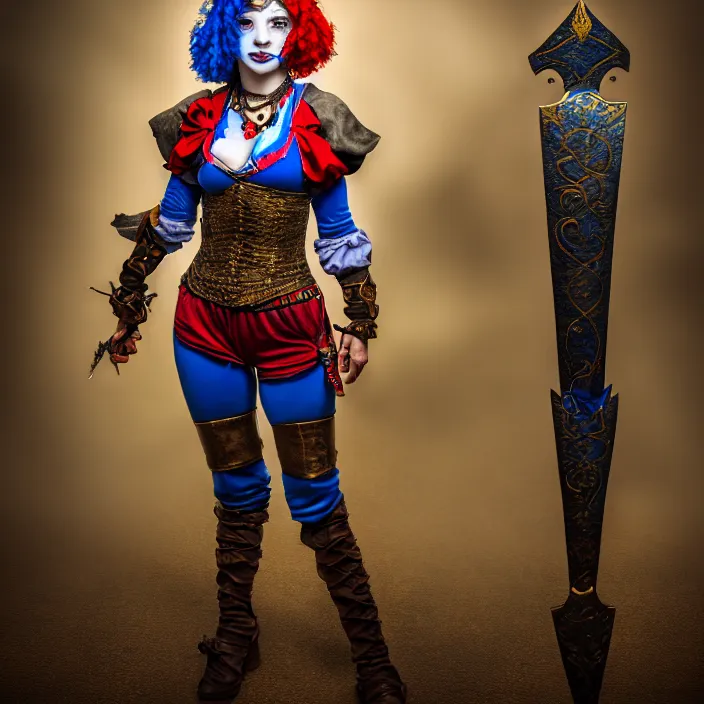Prompt: full body photo of a real - life beautiful female jester warrior, 8 k, hdr, smooth, sharp focus, high resolution, award - winning photo
