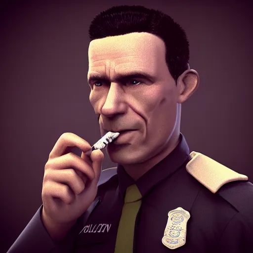 Image similar to policeman smoking joint, octane render, V-Ray, 8k, trending on ArtStation,