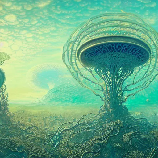 Prompt: breathtakingly detailed art nouveau ultrawide angle photo, alien ocean coral structures frame circle, closeup a human electromagnetic field emitting bright glowing energy ripples, bizarre overgrown alien temple in background, vivid caustics, symmetry, very low angle shot, smoke rises from the coral reflections, by studio ghibli, peter mohrbacher, fenghua zhong, ruan jia
