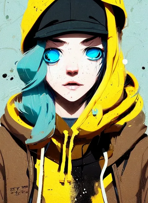 Image similar to highly detailed portrait of a sewerpunk pretty young adult lady, blue eyes, hoody, hat, by atey ghailan, by greg rutkowski, by greg, tocchini, by james gilleard, by joe fenton, by kaethe butcher, gradient yellow, black, brown and cyan color scheme, grunge aesthetic!!! ( ( graffiti tag street background ) )