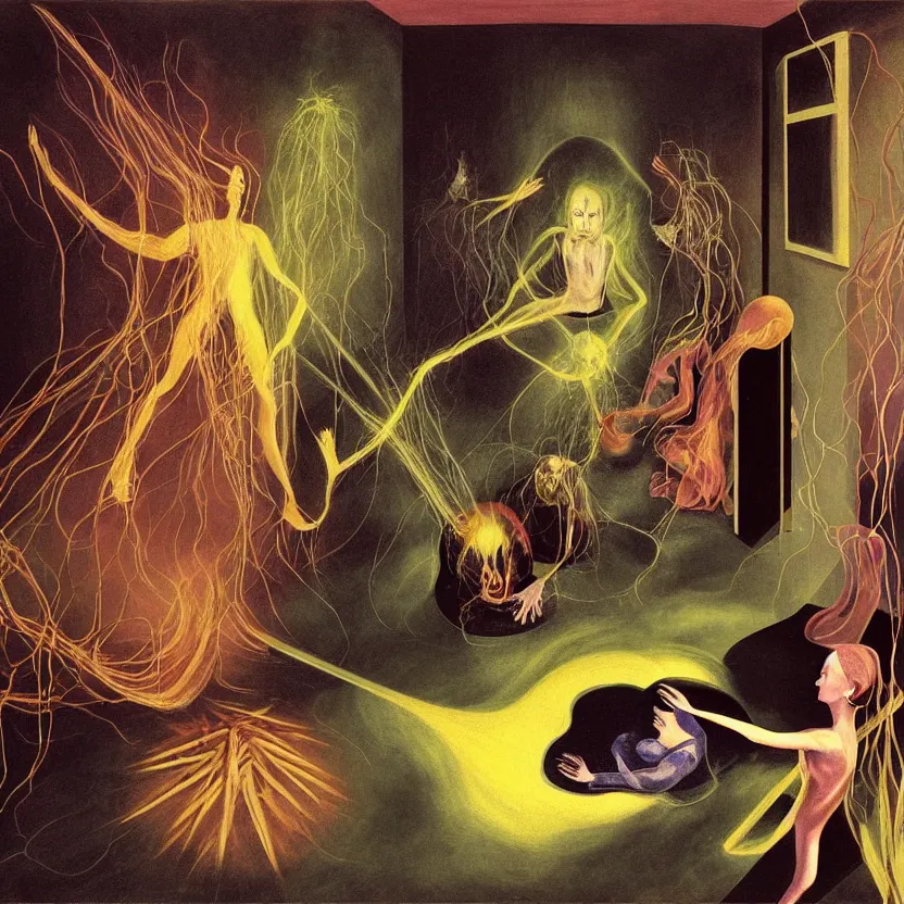 Image similar to One man and one woman attached by love in a living room of a house, floating dark energy surrounds the middle of the room. There is one living room plant to the side of the room, surrounded by a background of dark cyber mystic alchemical transmutation heavenless realm, cover artwork by francis bacon and Jenny seville, by Remedios Varo and Anato Finnstark and Greg Rutkowski and Andy Warhol, dayglo pink, dayglo blue, prismatic, pearlescent white, raven black, hyperrealism, 8k, trending on ArtStation, rendered in Octane, rendered in Unreal engine, award winning, volumetric lighting