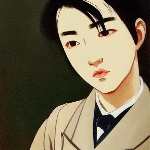 Image similar to painting of grumpy handsome beautiful man in his 2 0 s named min - jun in a french female maid outfit, modern clothing, elegant, clear, painting, stylized, delicate facial features, soft but grumpy, art, art by egon yamamoto