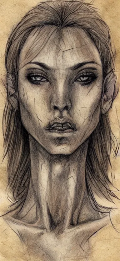 Prompt: fantasy, cute human face, female humanoid creature, vascularity, muscular, large anime eyes, realistic, torso and head, bust, diagram, sketchbook, greys anatomy book, sketches, on old distressed parchment paper, by brian froud