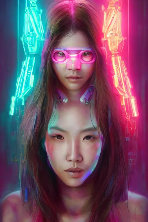 Image similar to stunning highly detailed portrait of a beautiful asian female cyberpunk, soft lighting, pastel neon colors, oil on canvas, strong lighting, by Glenn Fabry, HD, 4K