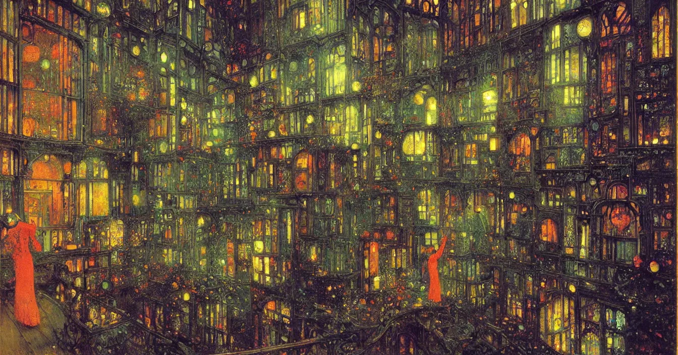 Image similar to Magic window to colorful different dimensions, with floating different energy strings and small particles, by John Atkinson Grimshaw