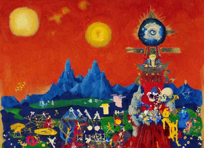 Image similar to pixel decollage painting tarot lovers card composition tower of babel road red armor maggot bear and wonky vampire clown knight on a skeleton horse in a dark red cloudy night sky with golden foil jewish stars and diamonds, mountain lake and blossoming field in background, painted by Mark Rothko, Helen Frankenthaler, Danny Fox and Hilma af Klint, pixelated, neo expressionism, semi naive, pastel colors, cinematic, color field painting, cave painting, voxel, pop art look, outsider art, minimalistic. Bill Traylor painting, part by Philip Guston, Amano and Francis Bacon. art by Adrian Ghenie and Storm Thorgerson, very coherent symmetrical artwork, cinematic, hyper realism, high detail, octane render, unreal engine, Smooth gradients, depth of field, full body character drawing, extremely detailed, 8k, extreme detail, intricate detail, masterpiece