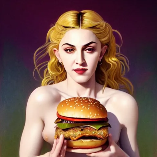 Prompt: portrait of Madonna eating hamburgers, extra onions and ketchup, luscious patty with sesame seeds, feminine ethereal, handsome, D&D, fantasy, intricate, elegant, highly detailed, digital painting, artstation, concept art, matte, sharp focus, illustration, art by Artgerm and Greg Rutkowski and Alphonse Mucha