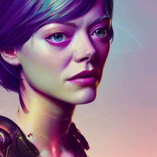 Prompt: cosmic cyberpunk portrait of emma stone, hyper detailed, digital art, trending in artstation, cinematic lighting, studio quality, smooth render, unreal engine 5 rendered, octane rendered, art style by klimt and nixeu and ian sprigger and wlop and krenz cushart.