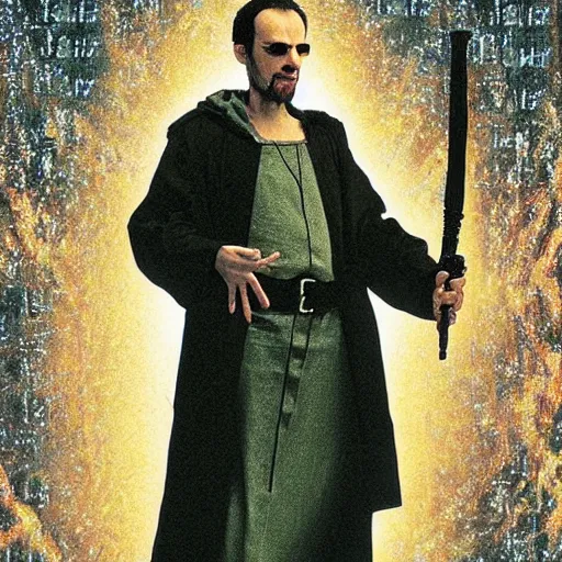Prompt: theologian John Calvin as Neo in the Matrix.