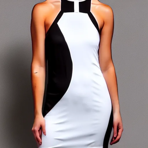 Image similar to thigh length dress, mostly black with white trim, cross halter neckline