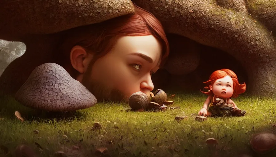 Prompt: dwarf resting under mushroom, by ilya kuvshinov, rtx rendering, octane render 1 2 8 k, maya, extreme high intricate details by tom bagshaw, medium shot, close up shot, composition by sana takeda, lighting by greg rutkowski