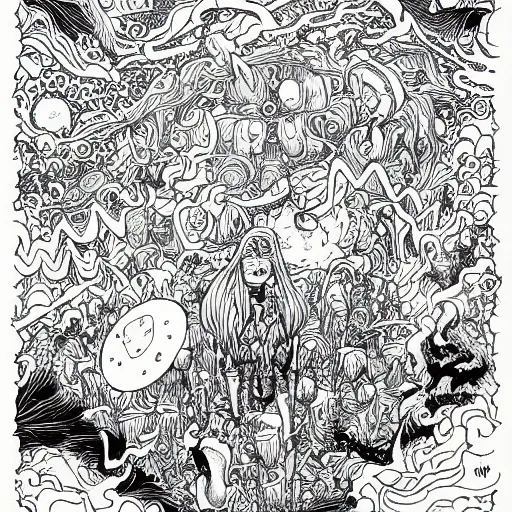 Image similar to a coloring page of a weird dream by James Jean and Dan Mumford and Strongstufftom and Adi Granov