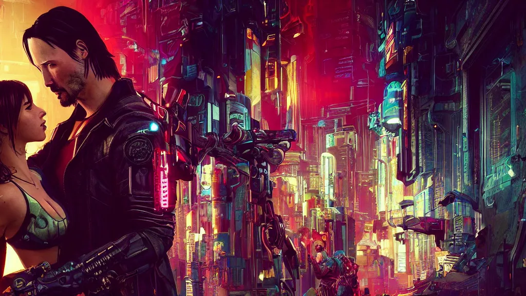 Prompt: a cyberpunk 2077 srcreenshot couple portrait of Keanu Reeves & female android in kiss,love story,film lighting,by Laurie Greasley,Lawrence Alma-Tadema,Dan Mumford,John Wick,Speed,Replicas,artstation,deviantart,FAN ART,full of color,Digital painting,face enhance,highly detailed,8K,octane,golden ratio,cinematic lighting