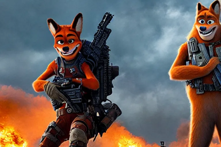 Image similar to nick wilde, heavily armed and armored facing down armageddon in a dark and gritty reboot from the makers of mad max : fury road