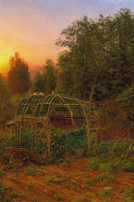 Image similar to greenhouse with harvest at sunrise painting by ivan shishkin