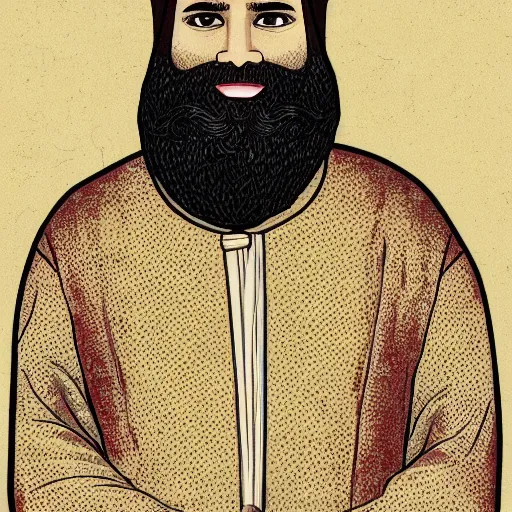 Image similar to middle ages middle eastern colored clothing, middle aged man, dark complexion, well trimmed beard, portrait full body view, defined jawline, middle easter contemporary artstyle