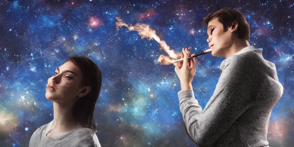 Prompt: digital art, trending on artstation, androids smoking hookahs while looking at the sky full of stars