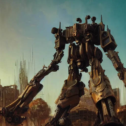 Image similar to six feet tall mech fighting in an urban environment, gaudi, by gaston bussiere, by ismail inceoglu, octane render, by weta digital, cinematic lighting, bump mapped, lumen reflections, action scene screenshot, epic scale