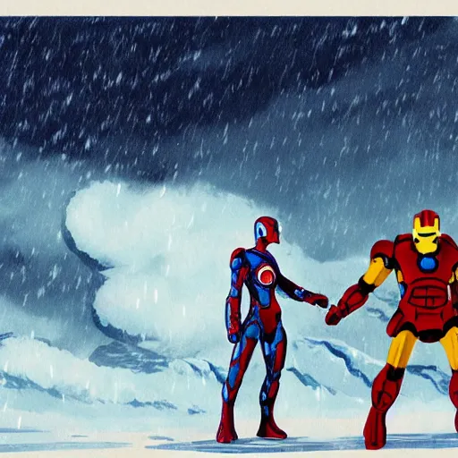 Prompt: portrait of iron man fighting captain america in a snowy tundra, stormy weather and lightning, illustration concept art of miyazaki studio ghibli