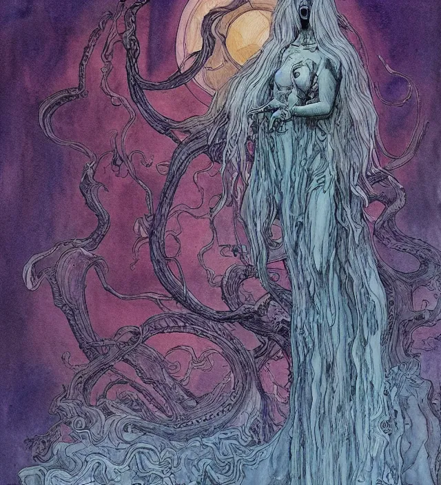 Prompt: a watercolor ink painting of the primordial eldritch goddess of fear and insanity in her natural domain in the style of jean giraud in the style of moebius trending on artstation deviantart pinterest detailed realistic hd 8 k high resolution