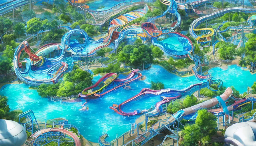 Prompt: A highly detailed matte painting of a huge empty water park with swimming pools, lazy rivers and water slides by Studio Ghibli, Makoto Shinkai, by Artgerm, by beeple, by Greg Rutkowski, volumetric lighting, octane render, 4K resolution, trending on artstation, masterpiece