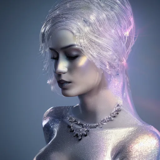 Image similar to beautiful pragmatic face, crystal, platinum, gold, biomechanoid with incredible iridescent pearlescent voluminous fiberoptic hair, crystalline masterpiece implants, hyperdetailed face, elegant pose, movie still, intricate, octane render, cinematic forest lighting, unreal engine, dieselpunk setting, crepuscular rays, god rays.