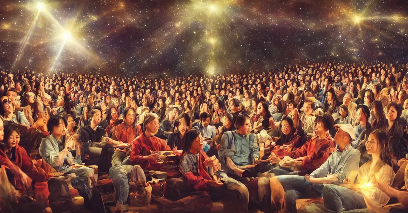 Image similar to human spirits sit in the cinema and watch very deeply the light of consciousness projecting their lives on the big wide screen, realistic image full of sense of spirituality, life meaning, meaining of physical reality, happy atmosphere, by Lee Madgwic