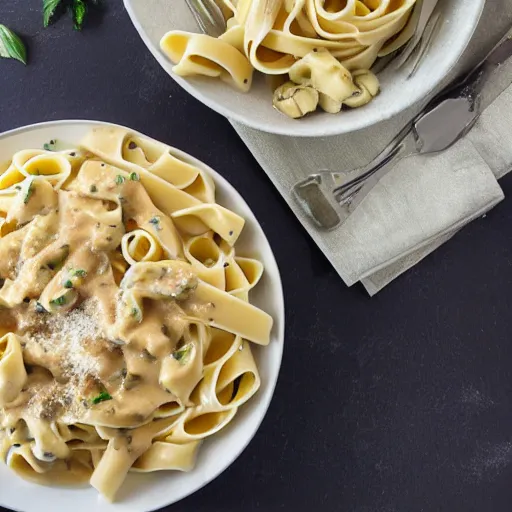 Prompt: a creamy fettuccine pasta with banana sauce, food photography