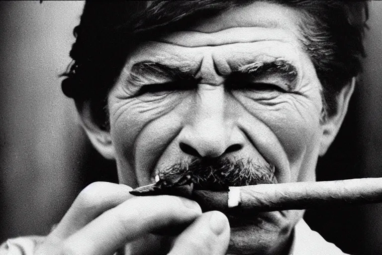 Prompt: a cinematic painting of charles bronson smoking a cigar on a rainy day, beautiful lighting, high depth, ultra realistic, artistic, by annie leibovitz