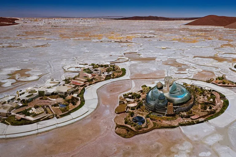 Prompt: Modern town with luxurious streets and Singaporean lush garden with royal white and pink and white and luxurious gold colors, advanced civilization, high-end statue, at the Salar De Uyuni, Hexagonal formations on the surface of salt crystallization, combined between sedimentary deposits, bubbling geysers, interstellar night reflection of the sky, intricate, elegant, luxurious, digital painting, concept art, smooth, sharp focus, from Star Trek 2021, illustration, by WLOP and Ruan Jia and Mandy Jurgens and William-Adolphe Bouguereau, Artgerm