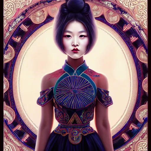Prompt: symmetrical painting, a beautiful young chinese female in dress, pretty, perfect face, elegant, ornate, luxury, elite, matte painting, by artgrem, by james jean, by ross tran - h 6 0 0