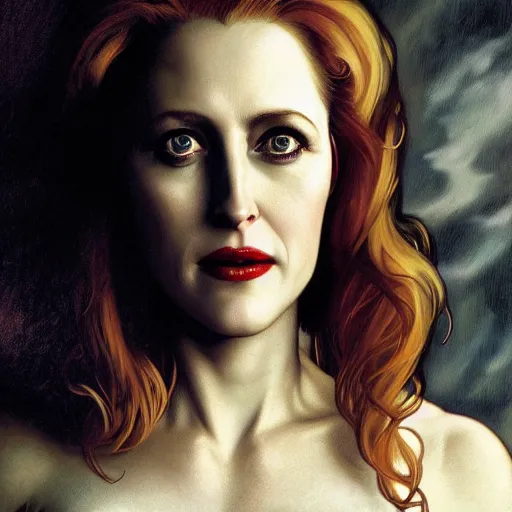 Prompt: portrait of Gillian Anderson as a lady vampire, 35mm, depth of field, DOF, ominous, sharp, highly detailed, photorealistic, realistic, unreal 5, high, definition, 8k, artstation, donato giancola, irwin penn, Alphonse Mucha