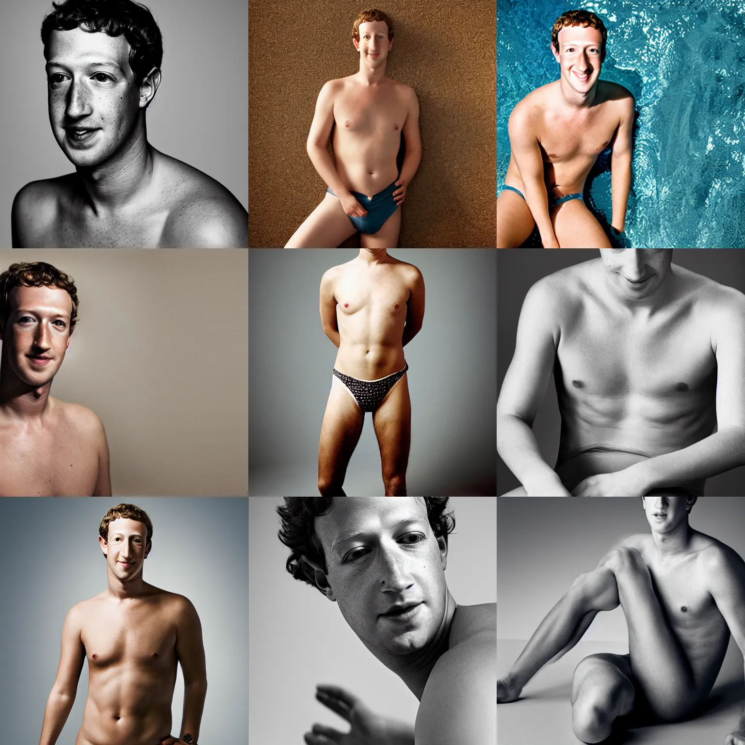 Prompt: Photo of Mark Zuckerberg in swimsuit, soft studio lighting, photo taken by Martin Schoeller for Abercrombie and Fitch, award-winning photo, 24mm f/1.4
