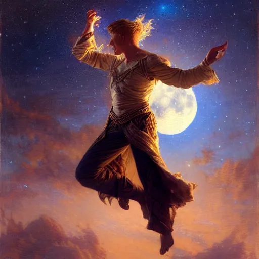 Image similar to attractive male wizard magically floating and flying high in the night sky, fantasy, full moon in background. highly detailed painting by gaston bussiere, craig mullins, j. c. leyendecker, mid shot, 8 k