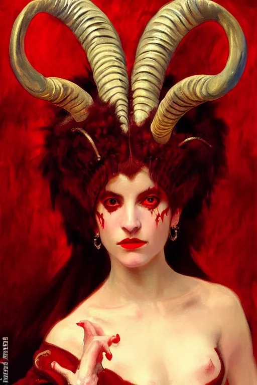 Image similar to painted close - up portrait of a attractive red - skinned intimidating demon girl with ram horns! oil painting, wearing a noblewoman's outfit, fantasy art by john singer sargent and gaston bussiere, and guillermo del toro, demon noble character design, hd