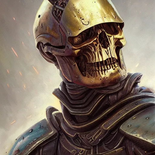 Image similar to the doomslayer as a realistic d & d fantasy cultist, closeup portrait art by donato giancola and greg rutkowski, vintage retro, realistic face, digital art, trending on artstation, skull mask, symmetry!!