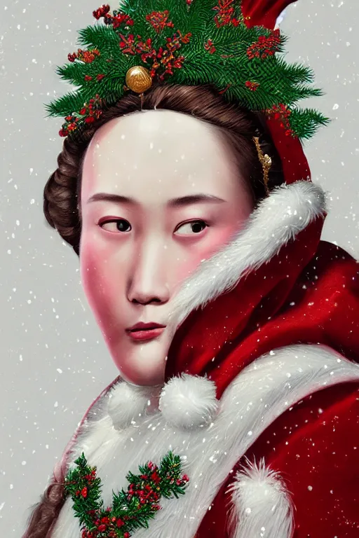 Prompt: a beautiful empress portrait, with a brilliant, impossible striking big Christmas headpiece, clothes Santa robes, everything Christmas, snow, symmetrical, dramatic studio lighting, rococo, baroque, greens, asian, hyperrealism, closeup, D&D, fantasy, intricate, elegant, highly detailed, digital painting, artstation, octane render, 8k, concept art, matte, sharp focus, illustration, art by Artgerm and Greg Rutkowski and Alphonse Mucha