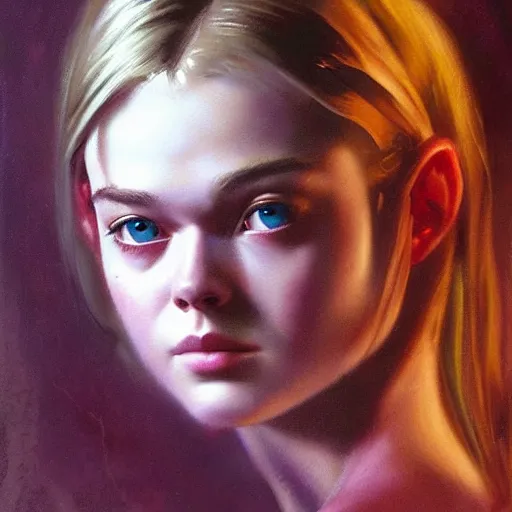 Prompt: ultra realistic medium shot portrait painting of elle fanning in the painted world of resident evil and bruce pennington, art by frank frazetta, 4 k, ultra realistic, highly detailed, epic lighting