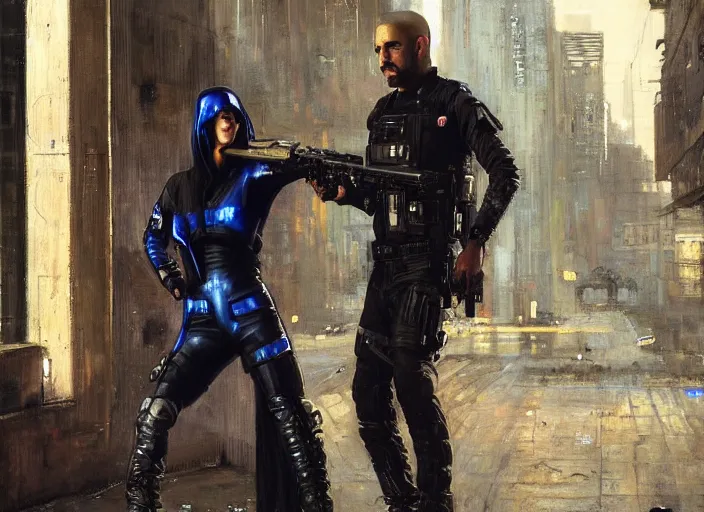 Prompt: sophia evades sgt Griggs. Cyberpunk hacker wearing jumpsuit escaping Cyberpunk police troopers (blade runner 2049). Iranian orientalist portrait by john william waterhouse and Edwin Longsden Long and Theodore Ralli and Nasreddine Dinet, oil on canvas. Cinematic, hyper realistic, Dramatic lighting.