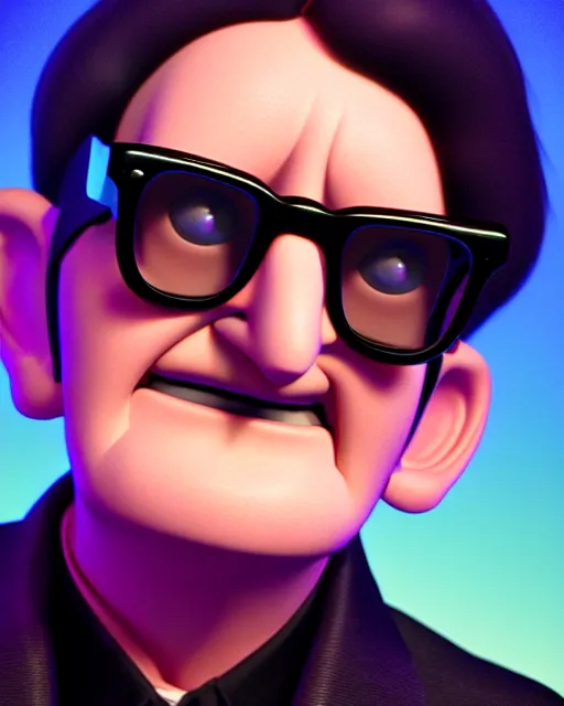 Image similar to disney pixar portrait 8 k photo of roy orbison on a smoky stage : : by weta, greg rutkowski, wlop, ilya kuvshinov, rossdraws, artgerm, annie leibovitz, rave, unreal engine, alphonse mucha : :