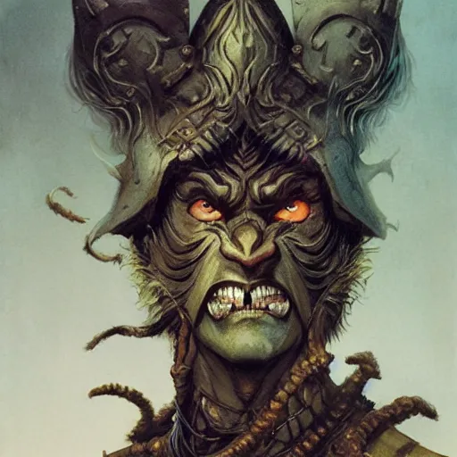 Image similar to head and shoulders portrait of a rakshasa, d & d, fantasy, greg rutkowski, frank frazetta, alexandre chaudret, boris vallejo, michael whelan, miro petrov, hr giger, magali villeneuve, donato giancola