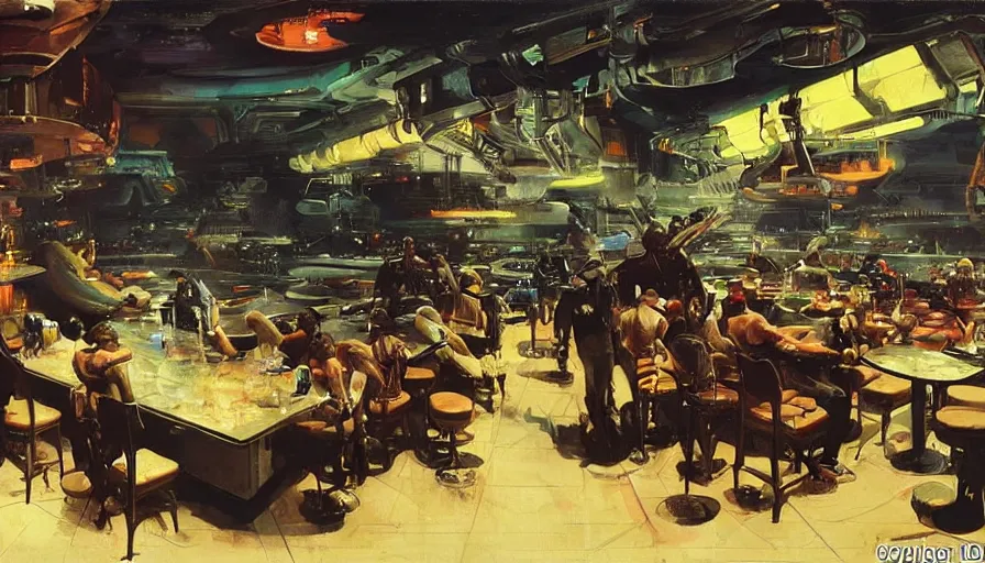 Prompt: Bounty hunters drinking in a futuristic bar surrounded by strange alien creatures, concept art by Ralph McQuarrie, by John Berkey, oil on canvas, highly detailed, science fiction