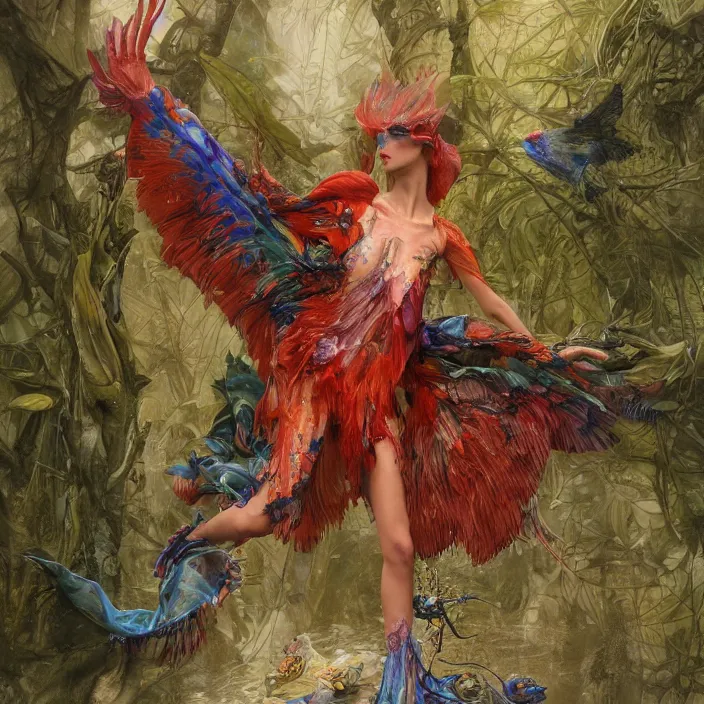 Image similar to a fashion editorial of sadie sinkas a brightly colored eagle amphibian hybrid with wet translucent mutated skin. wearing a mutated organic dress. by tom bagshaw, donato giancola, hans holbein, walton ford, gaston bussiere, peter mohrbacher, brian froud and iris van herpen. 8 k, cgsociety