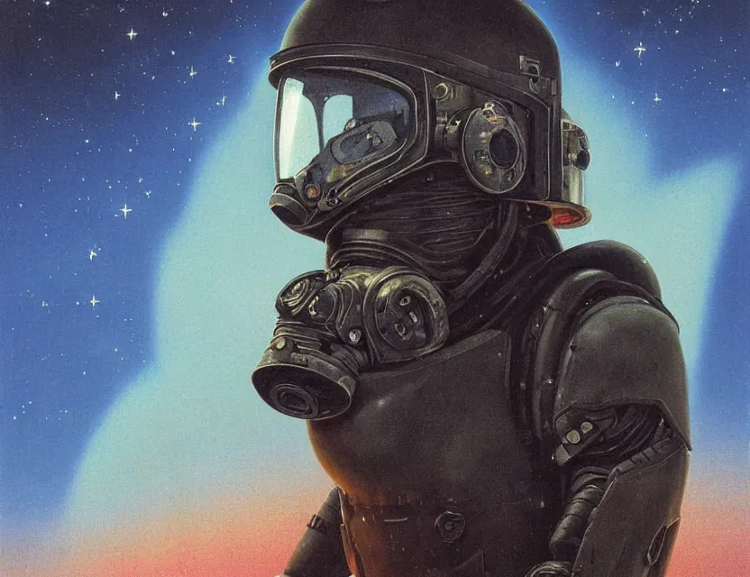 Image similar to a detailed portrait painting of a lone bounty hunter pilot wearing combat armour, gas mask and a reflective visor. Head and chest only. Movie scene, cinematic sci-fi scene. Flight suit, cloth and metal, accurate anatomy. portrait symmetrical and science fiction theme with lightning, aurora lighting. clouds and stars. Futurism by beksinski carl spitzweg moebius and tuomas korpi. baroque elements. baroque element. intricate artwork by caravaggio. Oil painting. Trending on artstation. 8k