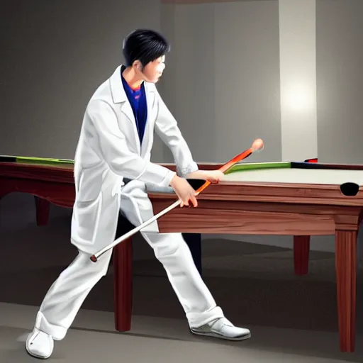 Prompt: young male asian scientist in white coat playing the Billiards,trending on artstation,digital art.